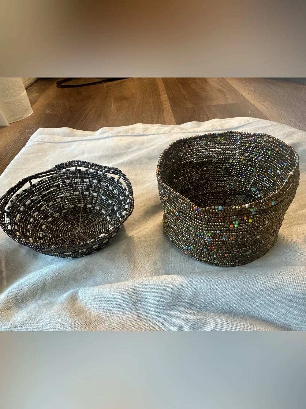Handcrafted Black Beaded Decorative Bowl and Basket Set